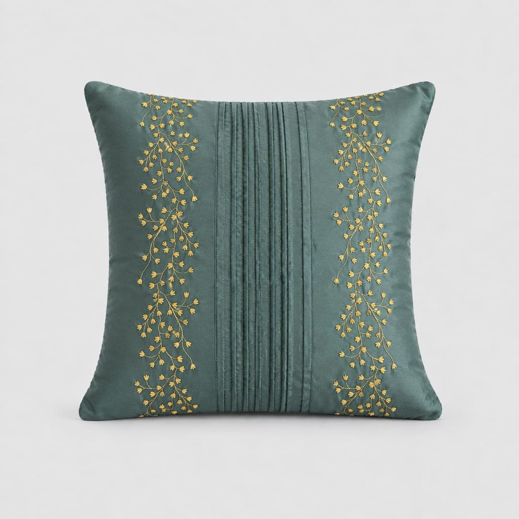 Gold Blossom Pintuck Cushion Cover — Faux-silk shell, pintuck panel, gold thread