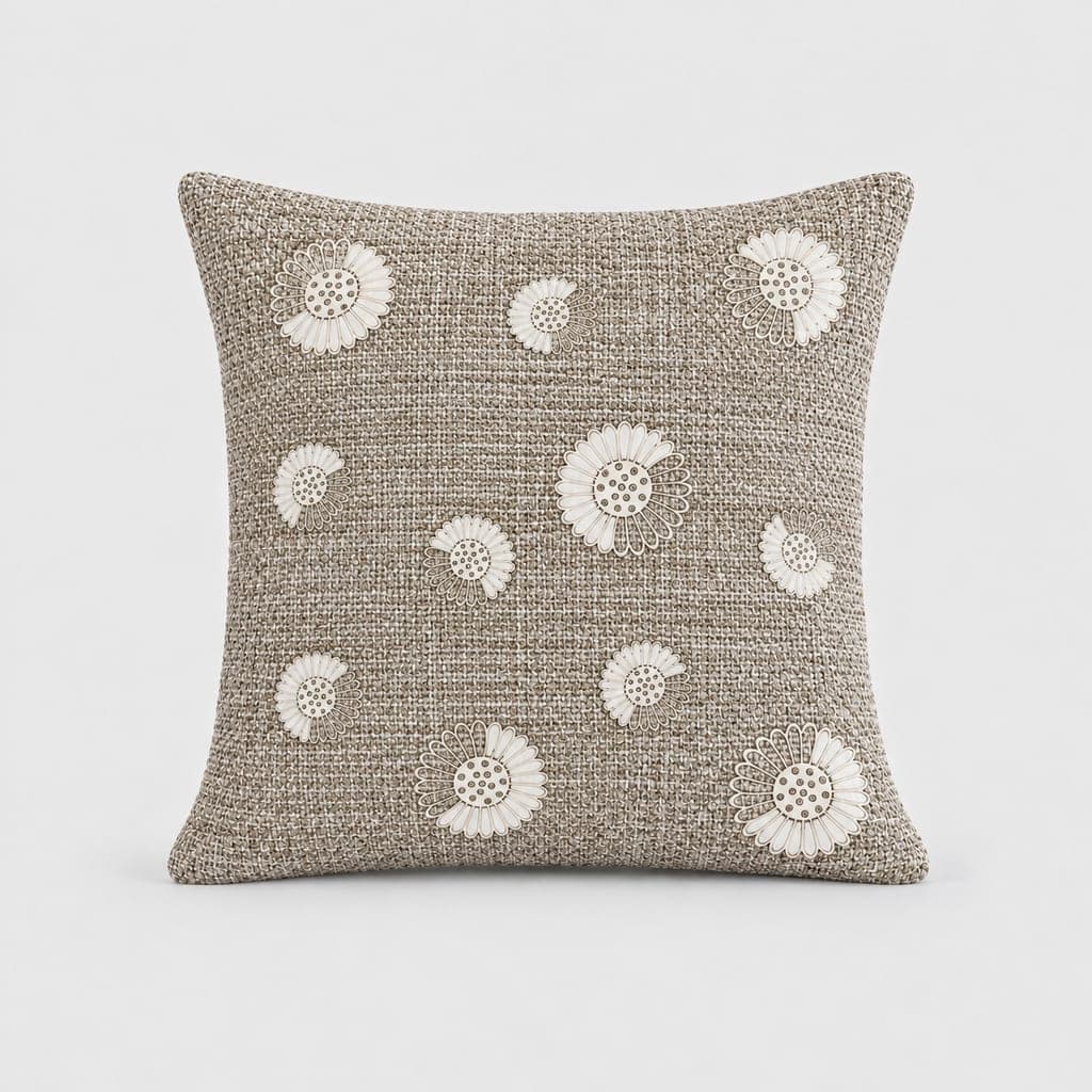 Speckled Weave Cushion Cover — Chunky cotton basketweave, appliqué florals
