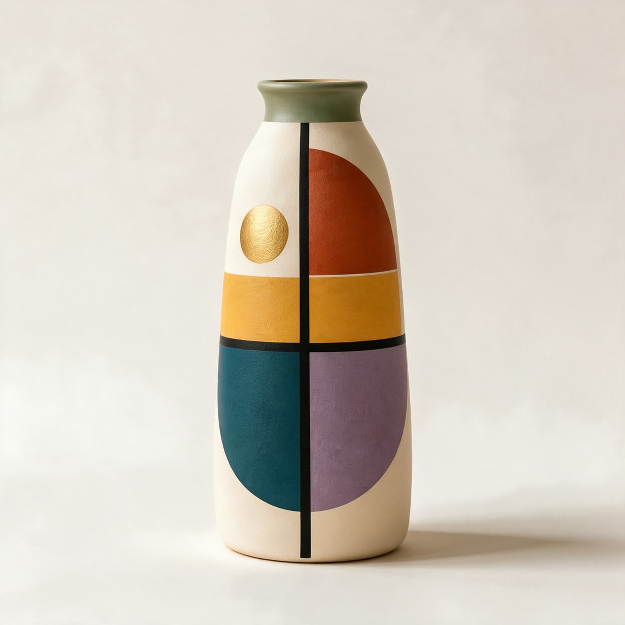 Tall cream matte ceramic vase divided by fine black lines into quadrants of rust, mustard, teal and lilac shapes with a small gold disc and a sage-green neck, on a warm off-white background