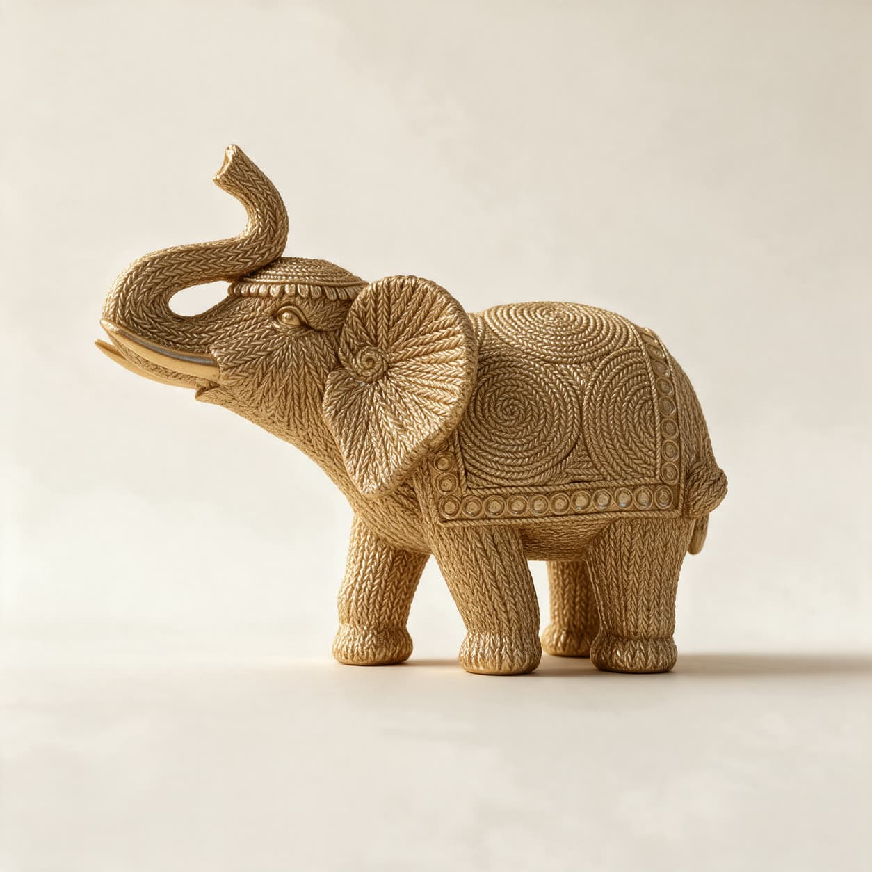 Satin gold cast resin elephant figurine with its trunk raised, its surface worked in fine braided rope texture and spiral patterns, on a warm off-white background