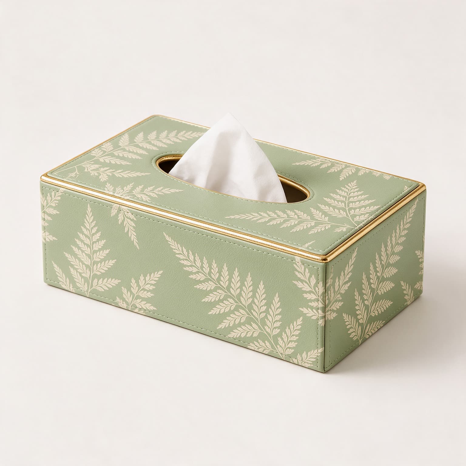 Rectangular tissue box cover in sage green faux leather printed with cream ferns, edged in gold