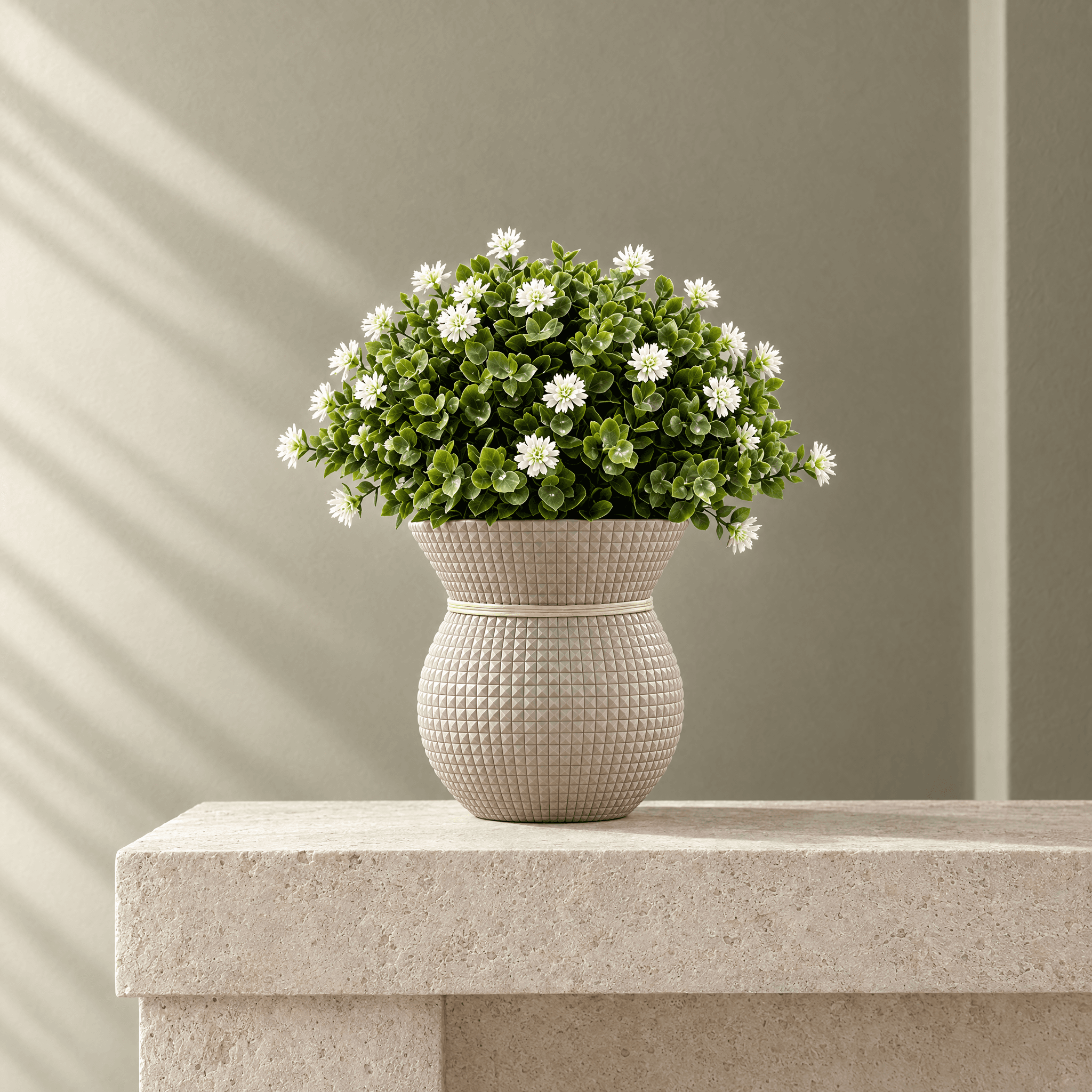 Ivory White Faux Flowers in Textured Hourglass Pot, view 1 of 3