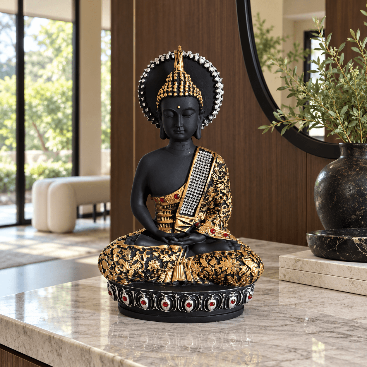 Meditating Buddha Statue | Black Gold Polyresin Décor