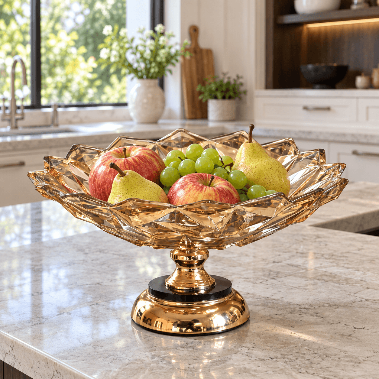 Premium Decorative Glass Fruit Bowl with Golden Finish & Pedestal Base