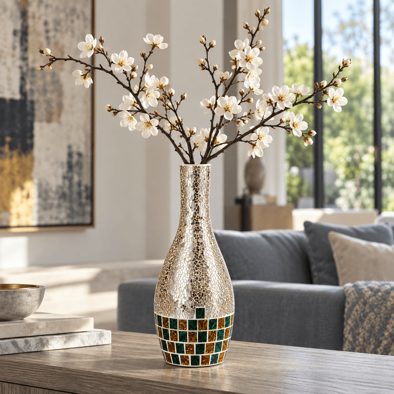 Luxury Mosaic Ceramic Decorative Vase – Green & Gold Accent