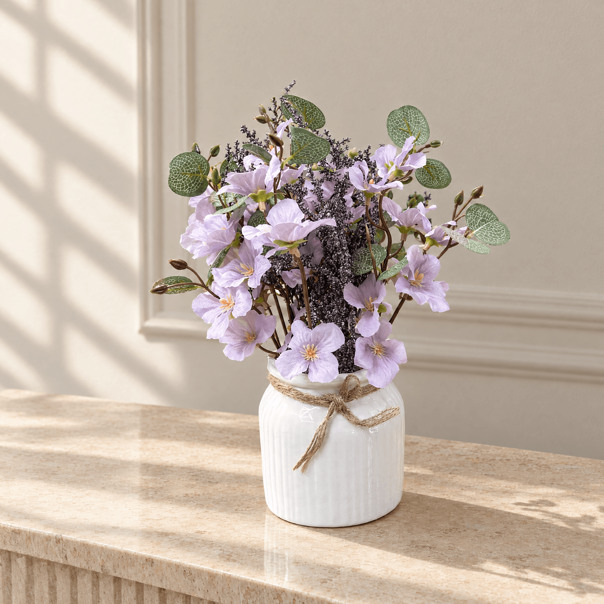 Lilac Floral Arrangement in White Jar Pot, view 1 of 3