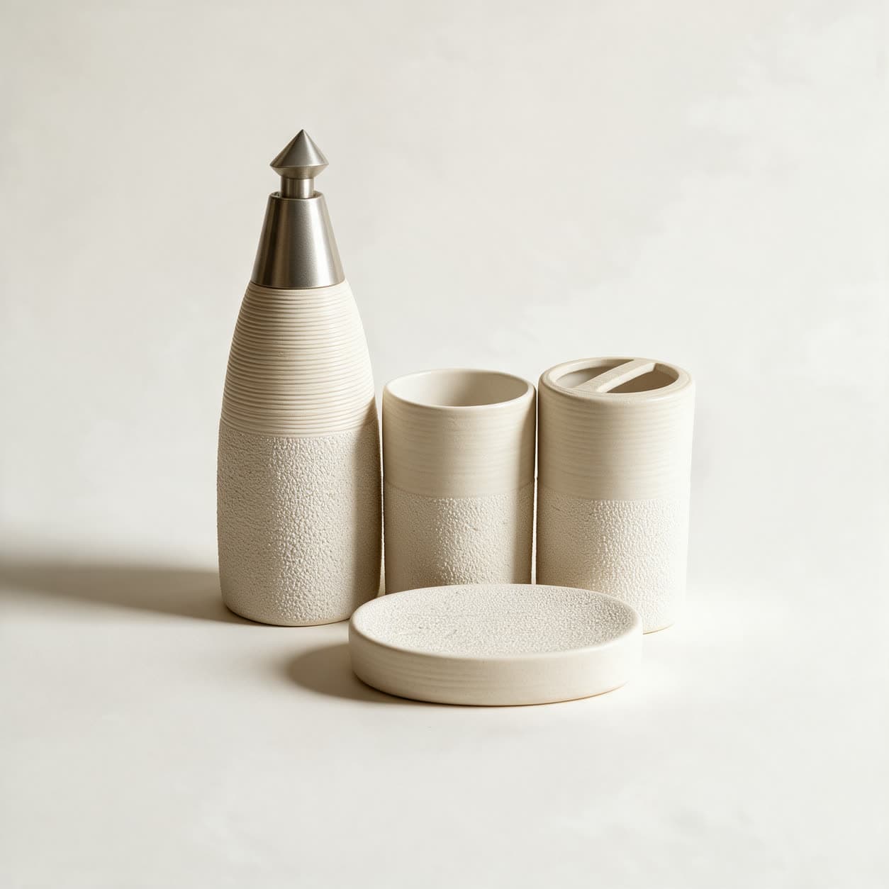 Four-piece cream bathroom set — a tall ribbed bottle dispenser with a pointed silver pump, a tumbler, a toothbrush holder and a round soap dish — on a warm off-white background