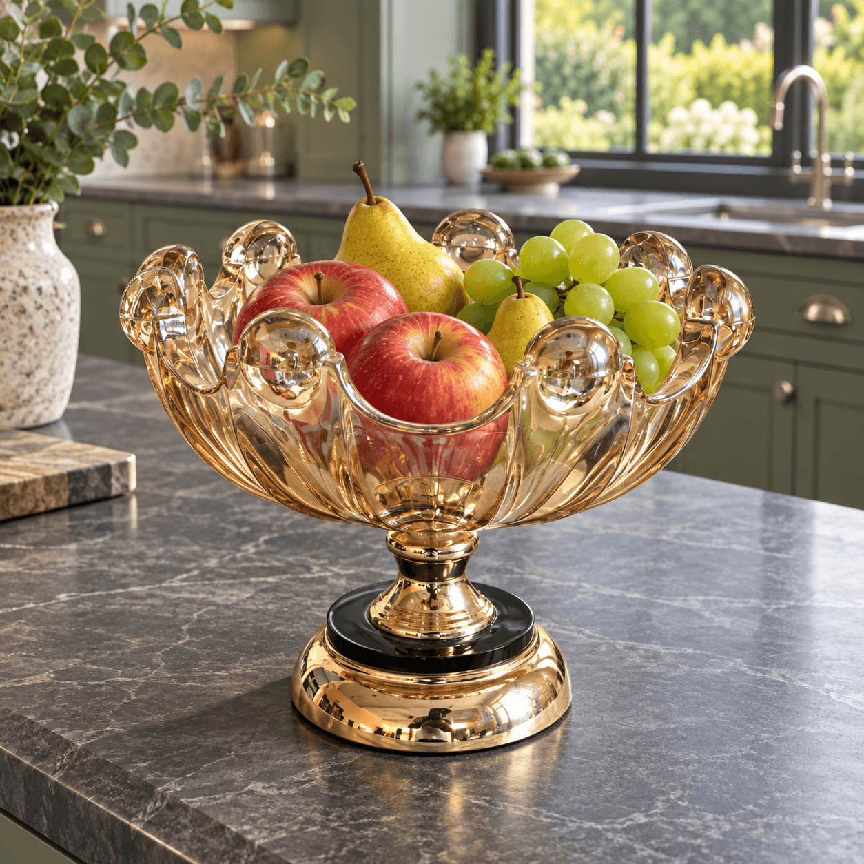 Premium Decorative Glass Fruit Bowl with Golden Finish & Pedestal Base