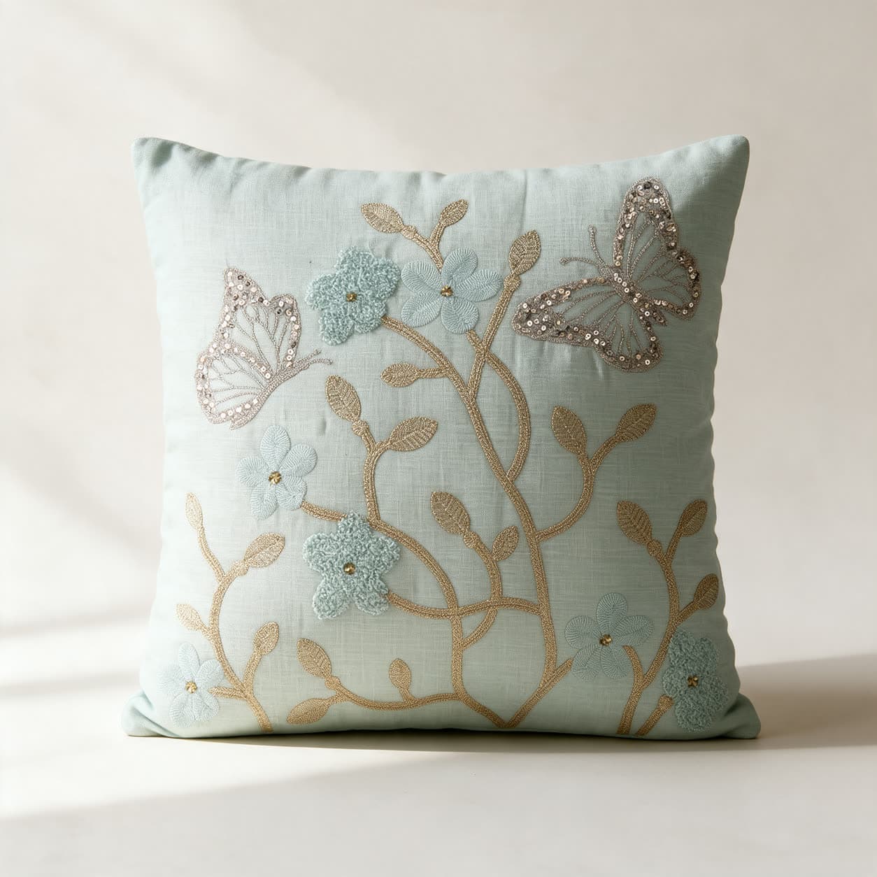 Pale aqua linen cushion cover hand-embroidered with a gold vine, aqua flowers with gold bead centres and two sequinned butterflies, on a warm off-white background