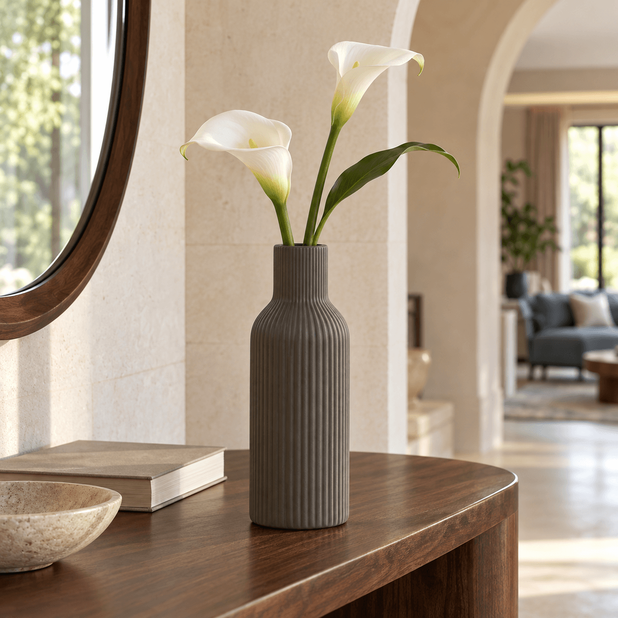 Grey-Brown Ribbed Bottle Vase