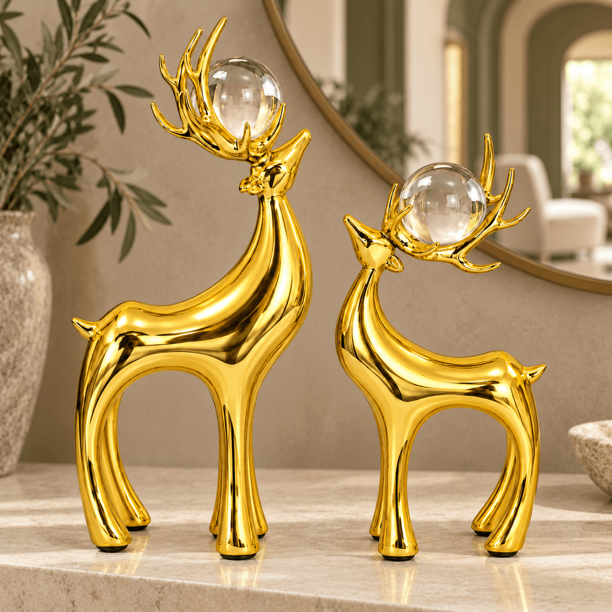 Golden Deer Pair with Glass Spheres