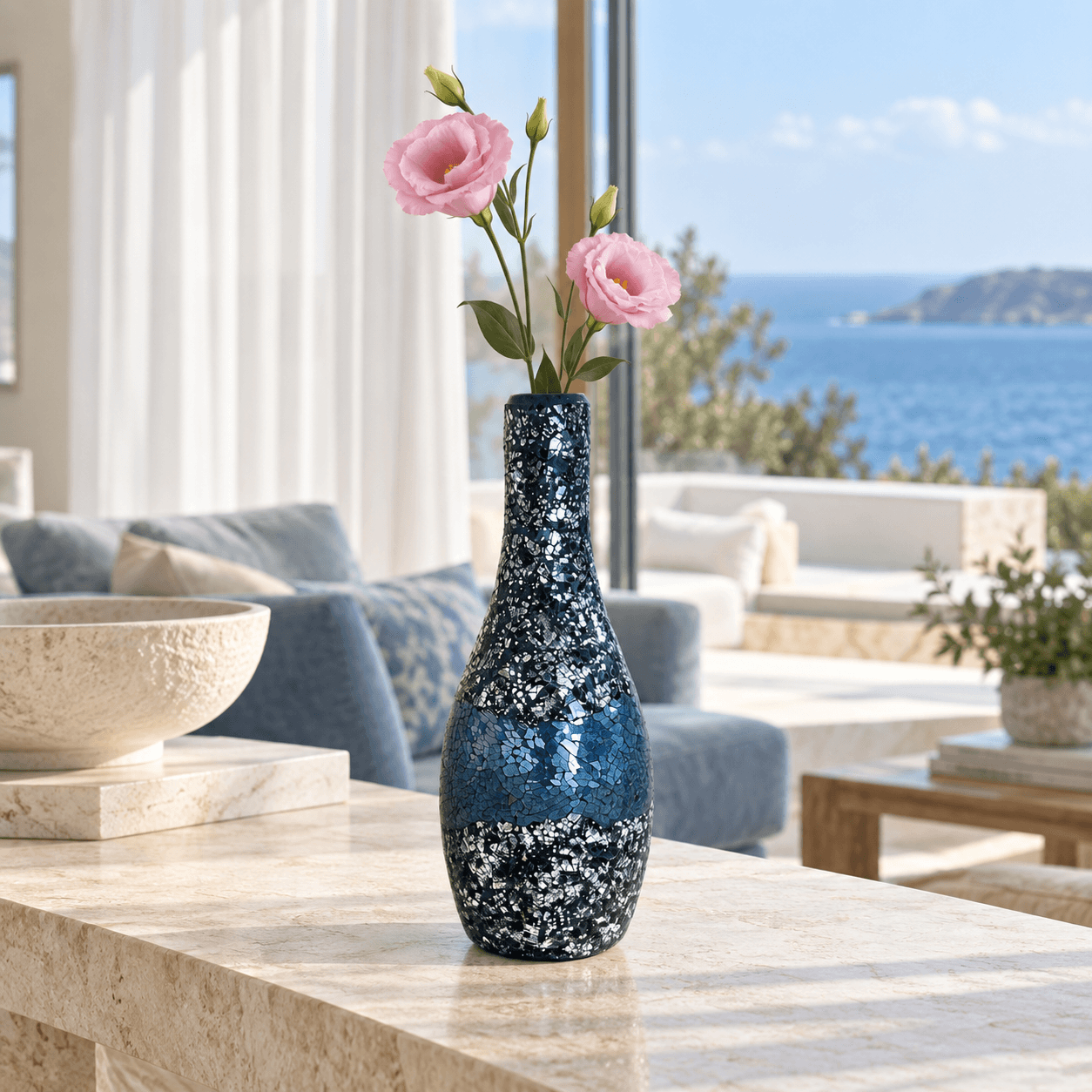 Decorative Ceramic Flower Vase with Blue & Black Mosaic Design