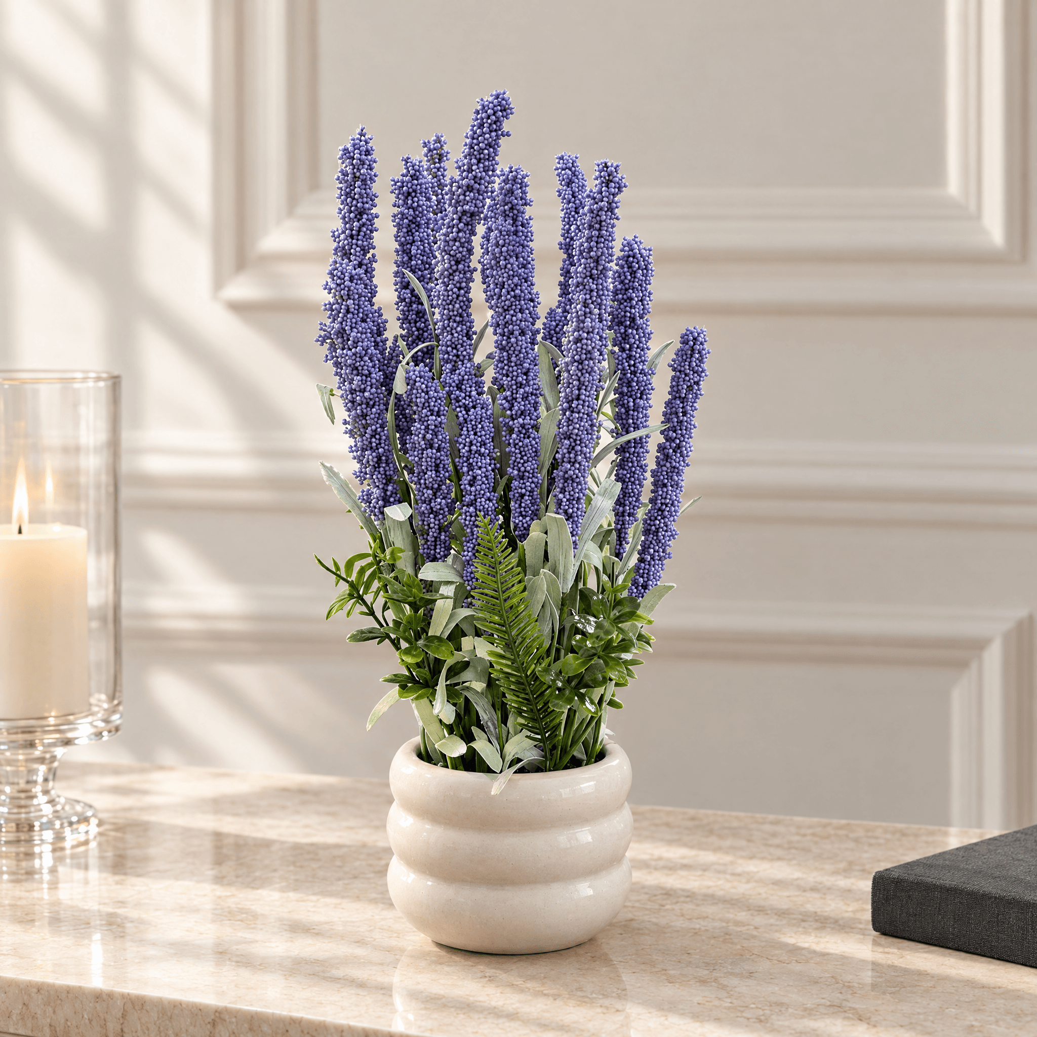 Soft Violet-Blue Botanical Arrangement in Ribbed Pot, view 1 of 3