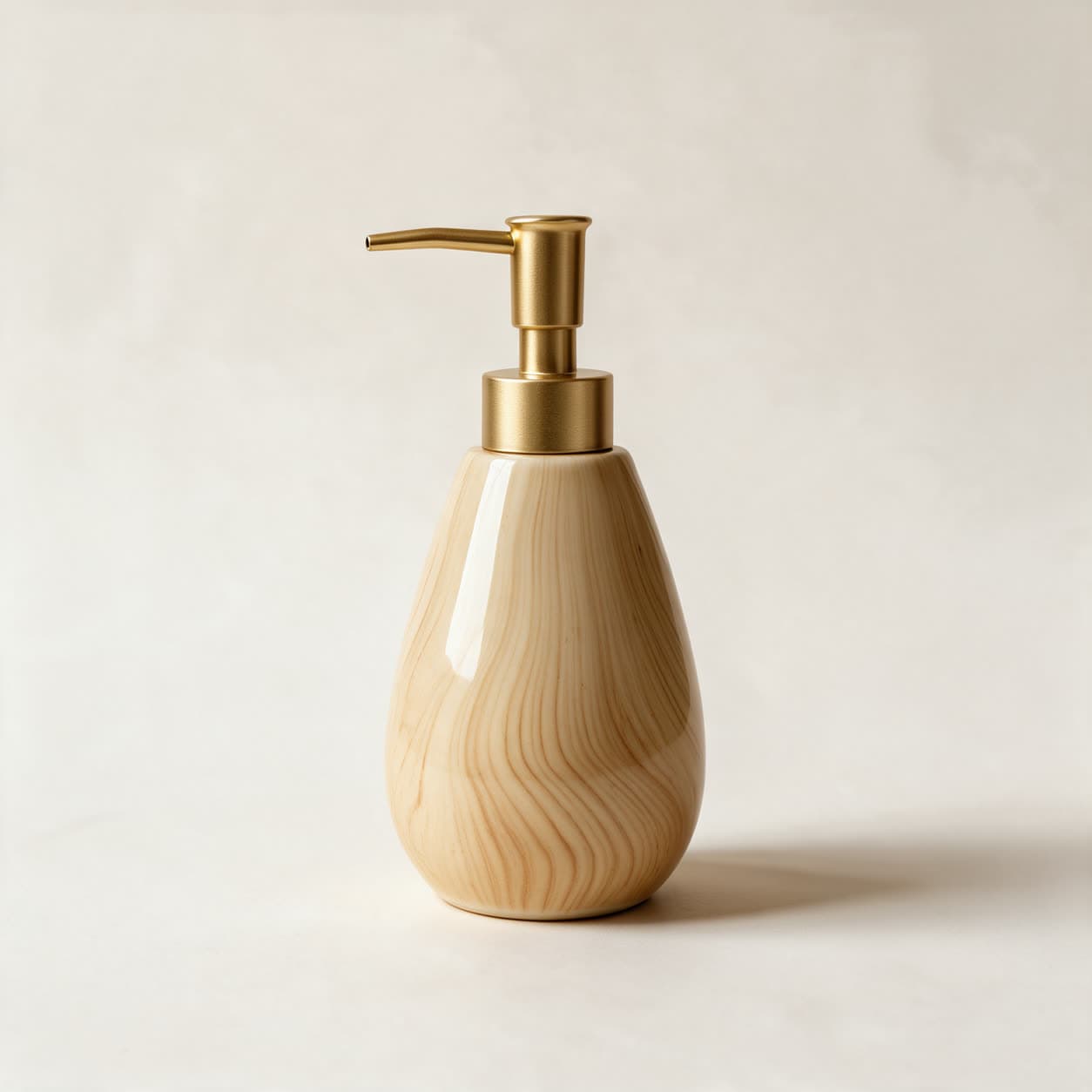 Teardrop-shaped soap dispenser glazed with a pale honey wood-grain pattern and topped with a brushed gold pump, on a warm off-white background