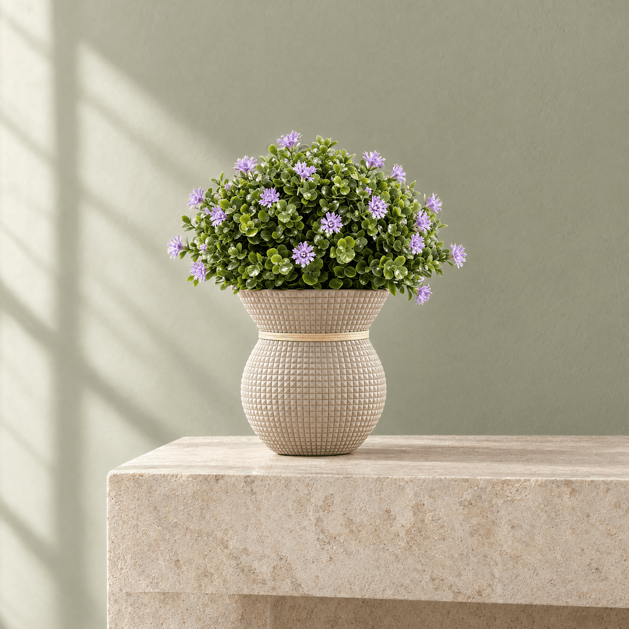 Soft Lavender Faux Flowers in Textured Hourglass Pot, view 1 of 3