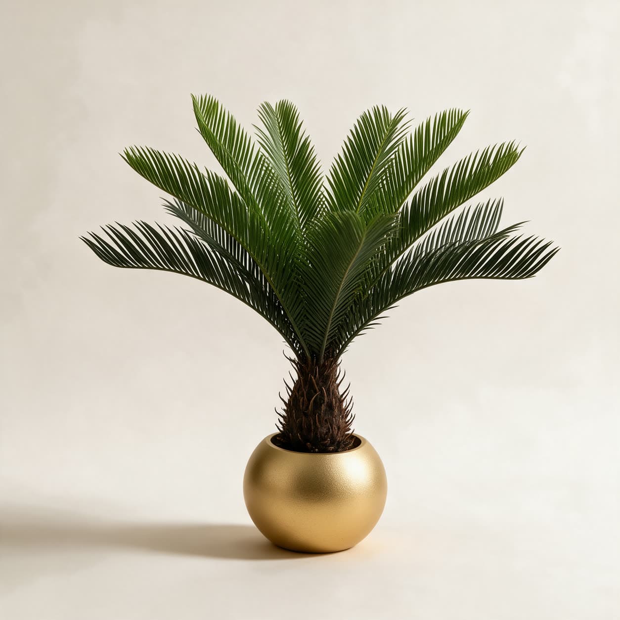 Artificial sago palm with stiff radiating dark green fronds in a spherical brushed gold planter, on a warm off-white background