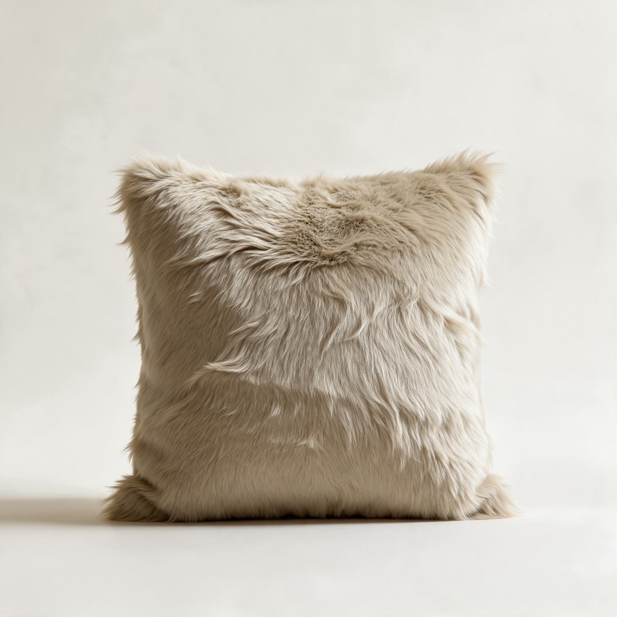 Sand beige long-pile faux fur cushion cover, plain and undecorated, on a warm off-white background