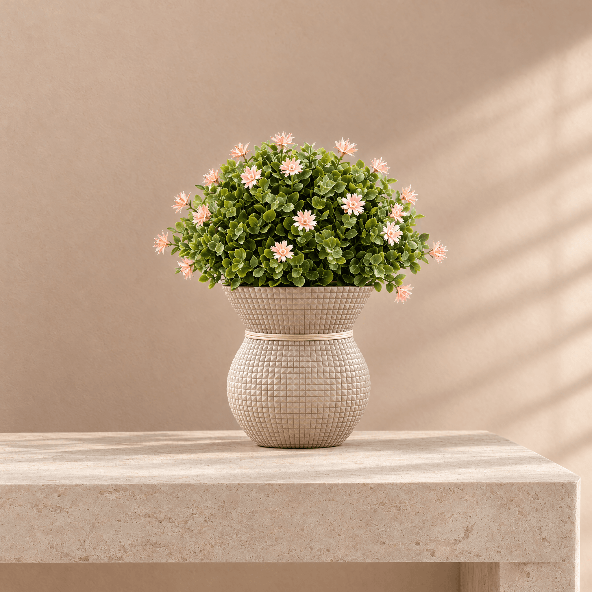 Pale Peach Faux Flowers in Textured Hourglass Pot