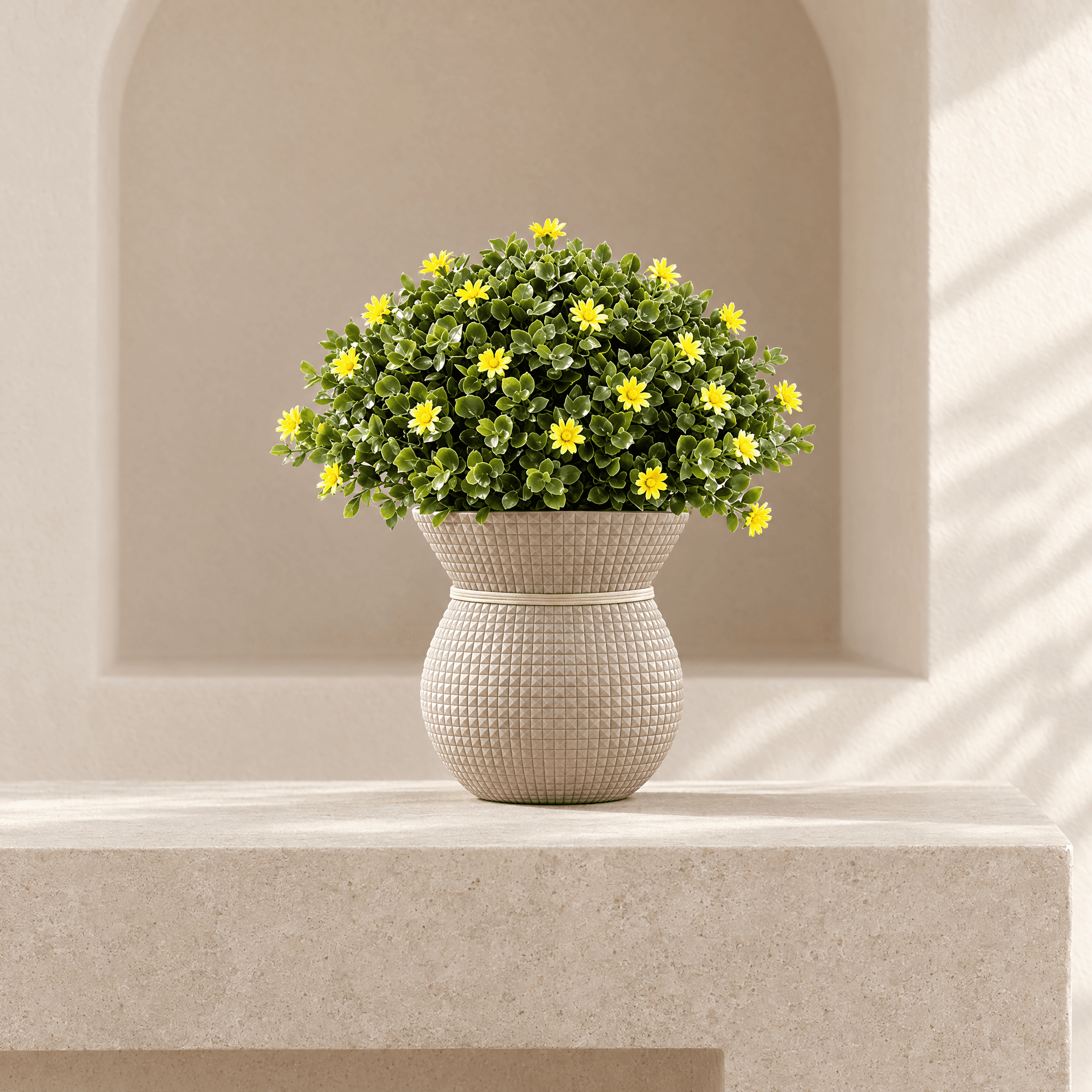 Sunny Yellow Faux Flowers in Textured Hourglass Pot, view 1 of 3