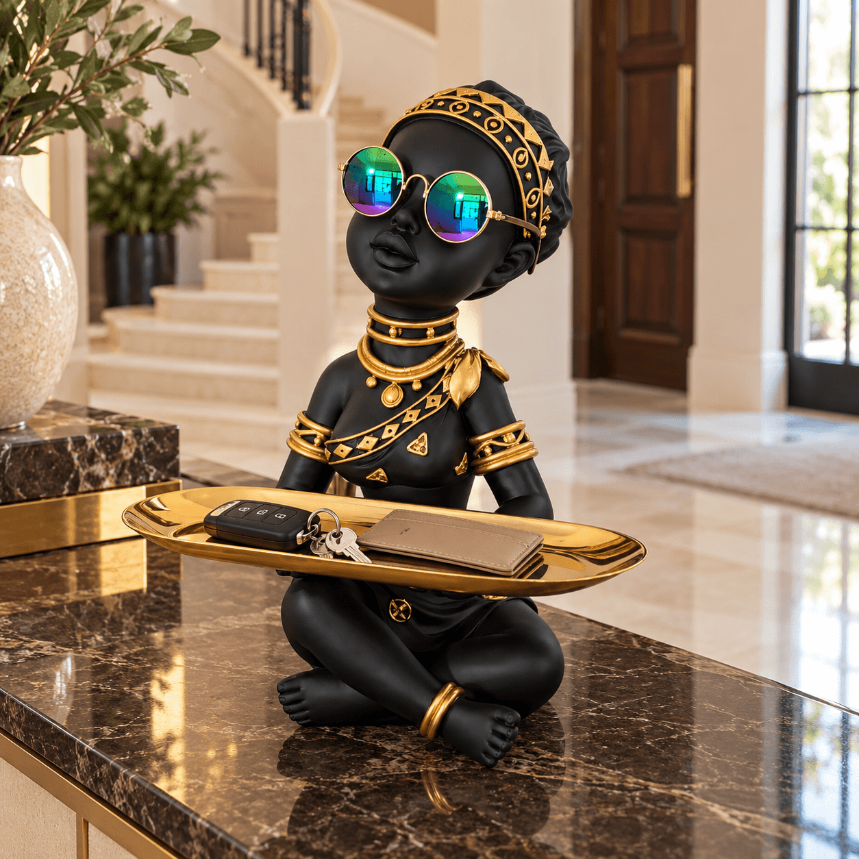 Black & Gold Polyresin Decorative Statue with Tray