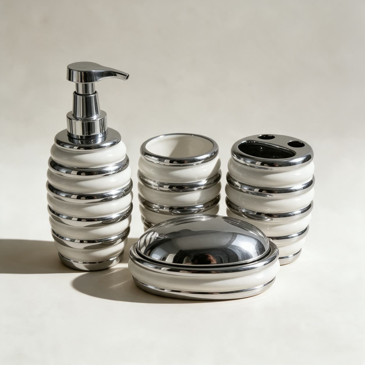 Four-piece bathroom set in glossy ivory ceramic with polished silver bands — soap dispenser, tumbler, toothbrush holder and covered soap dish — on a warm off-white background