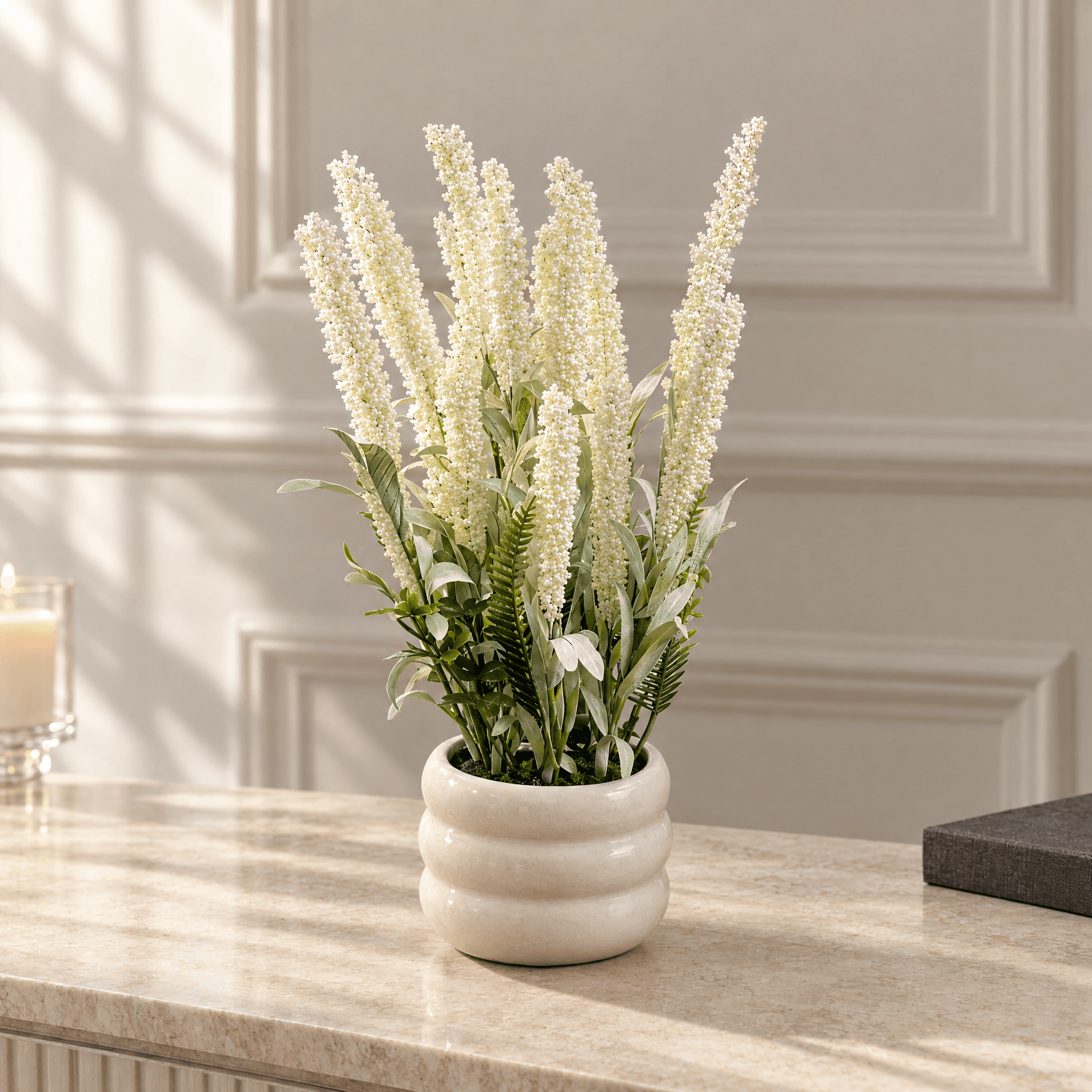 Ivory Botanical Arrangement in Ribbed Pot, view 1 of 3