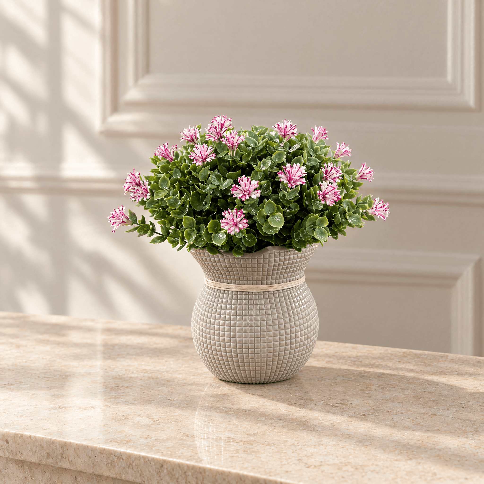 Pink Striped Faux Flowers in Textured Hourglass Pot
