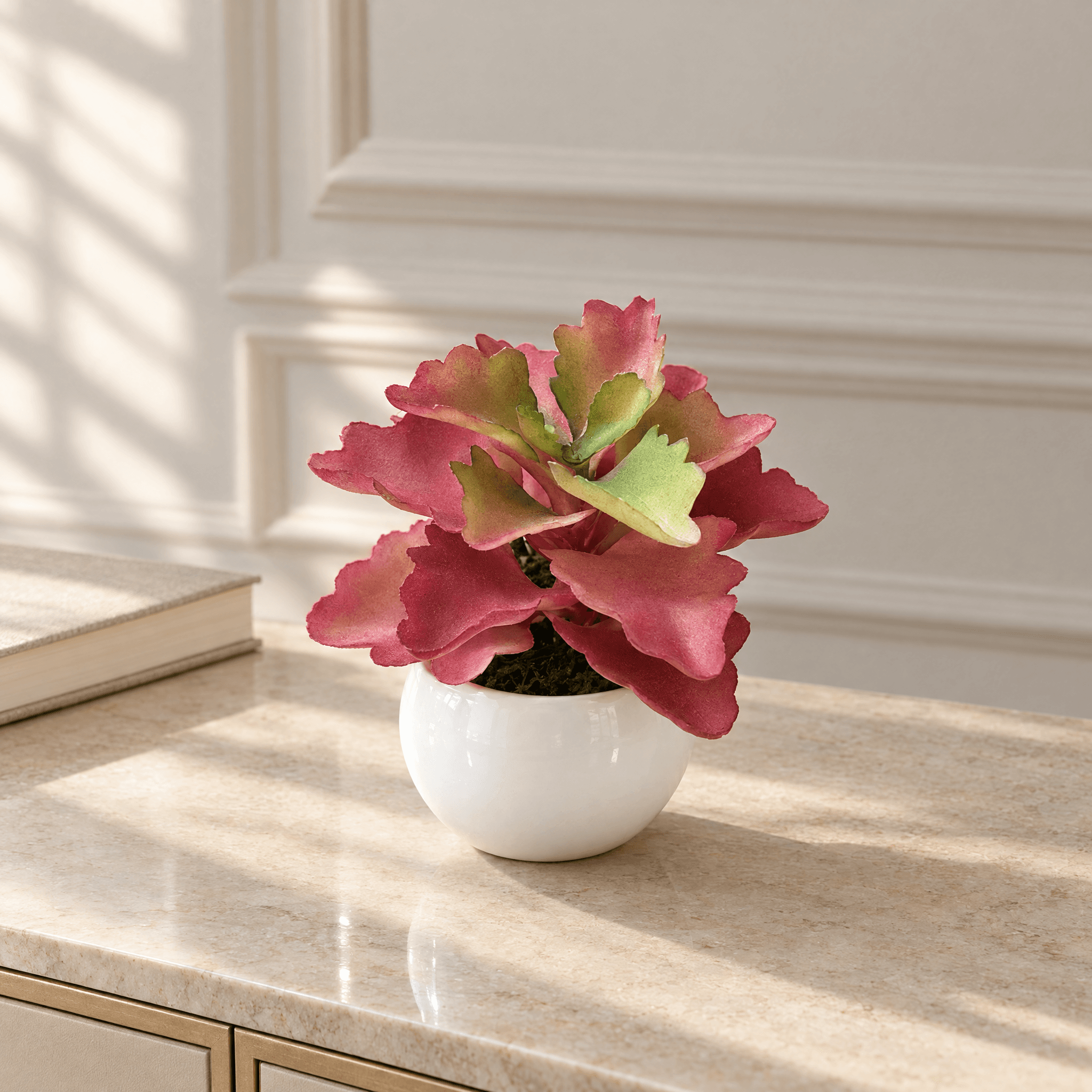 Rose-Toned Faux Succulent in Round White Pot