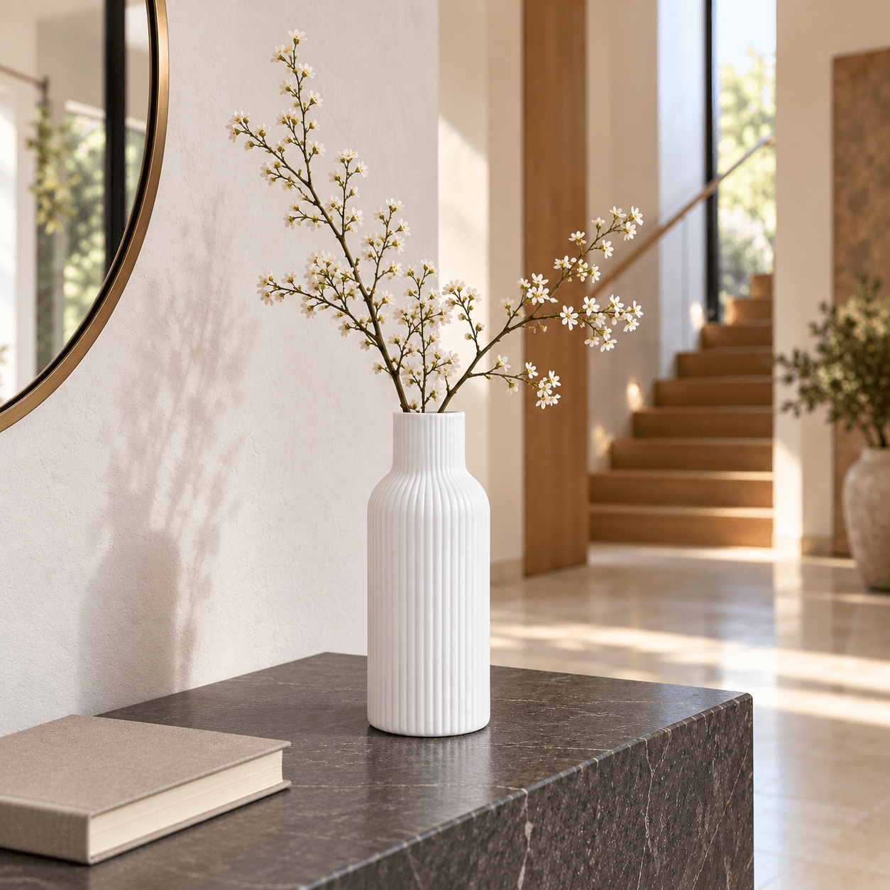 White Ribbed Bottle Vase