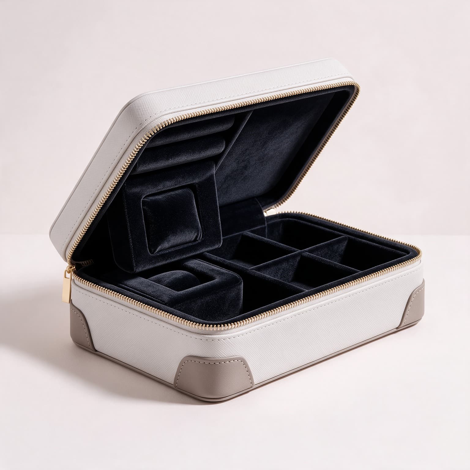 Open white faux leather travel jewellery case with grey corner trims, a gold zip and a navy velvet interior with ring cushions and compartments