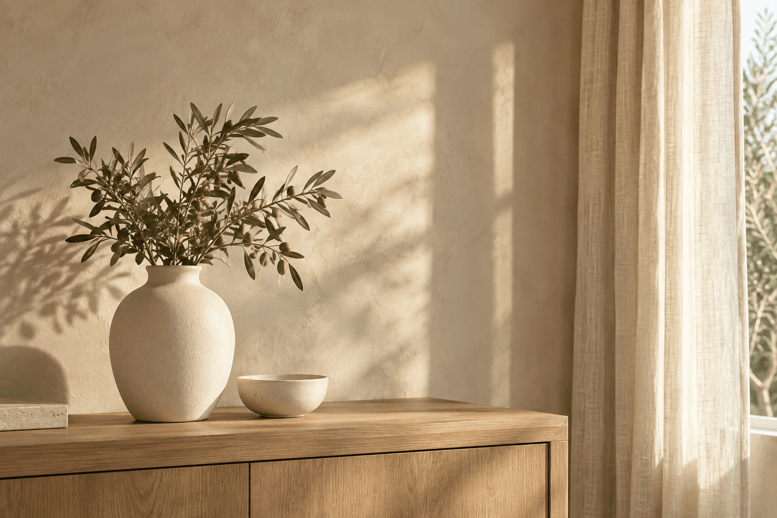 Sculptural cream ceramics and olive branches on a sunlit oak console