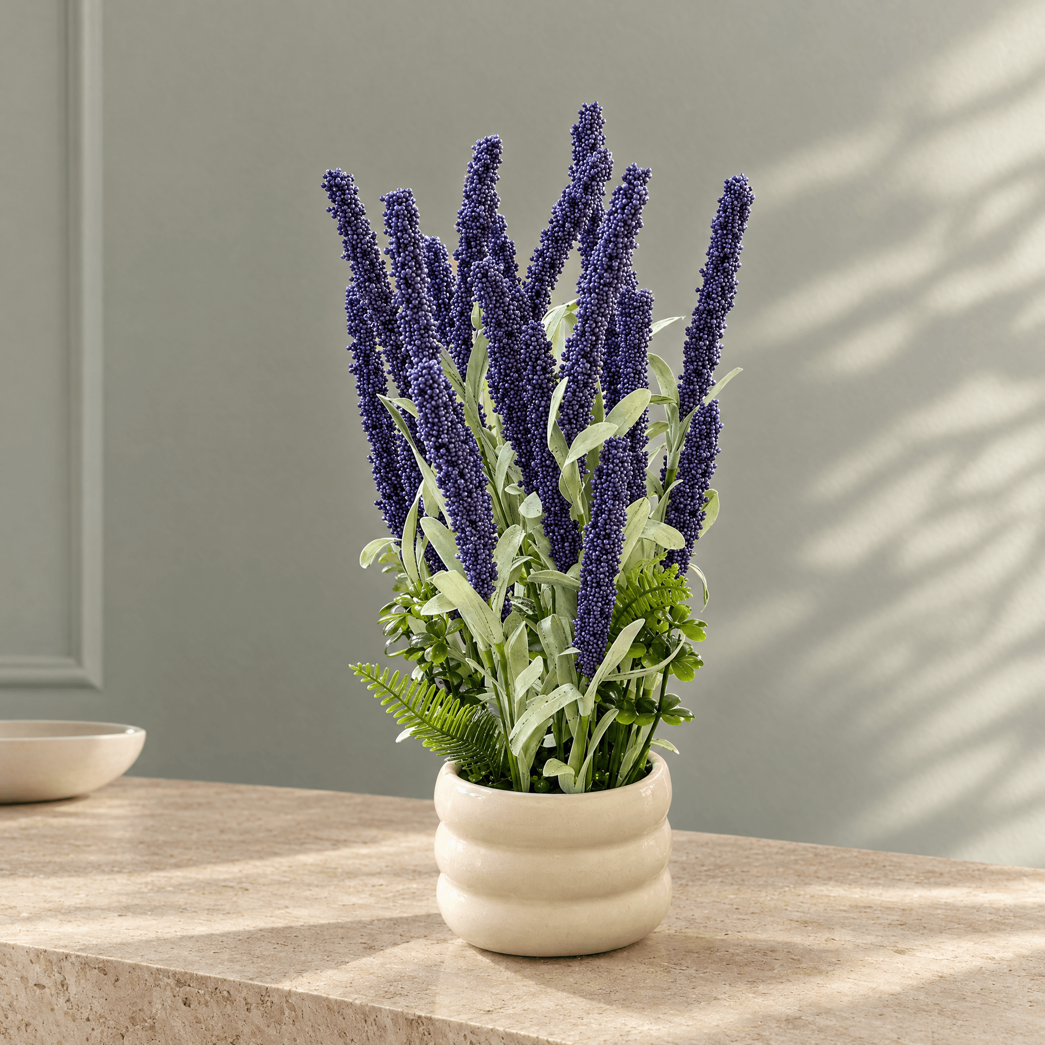 Deep Violet-Blue Botanical Arrangement in Ribbed Pot, view 1 of 3
