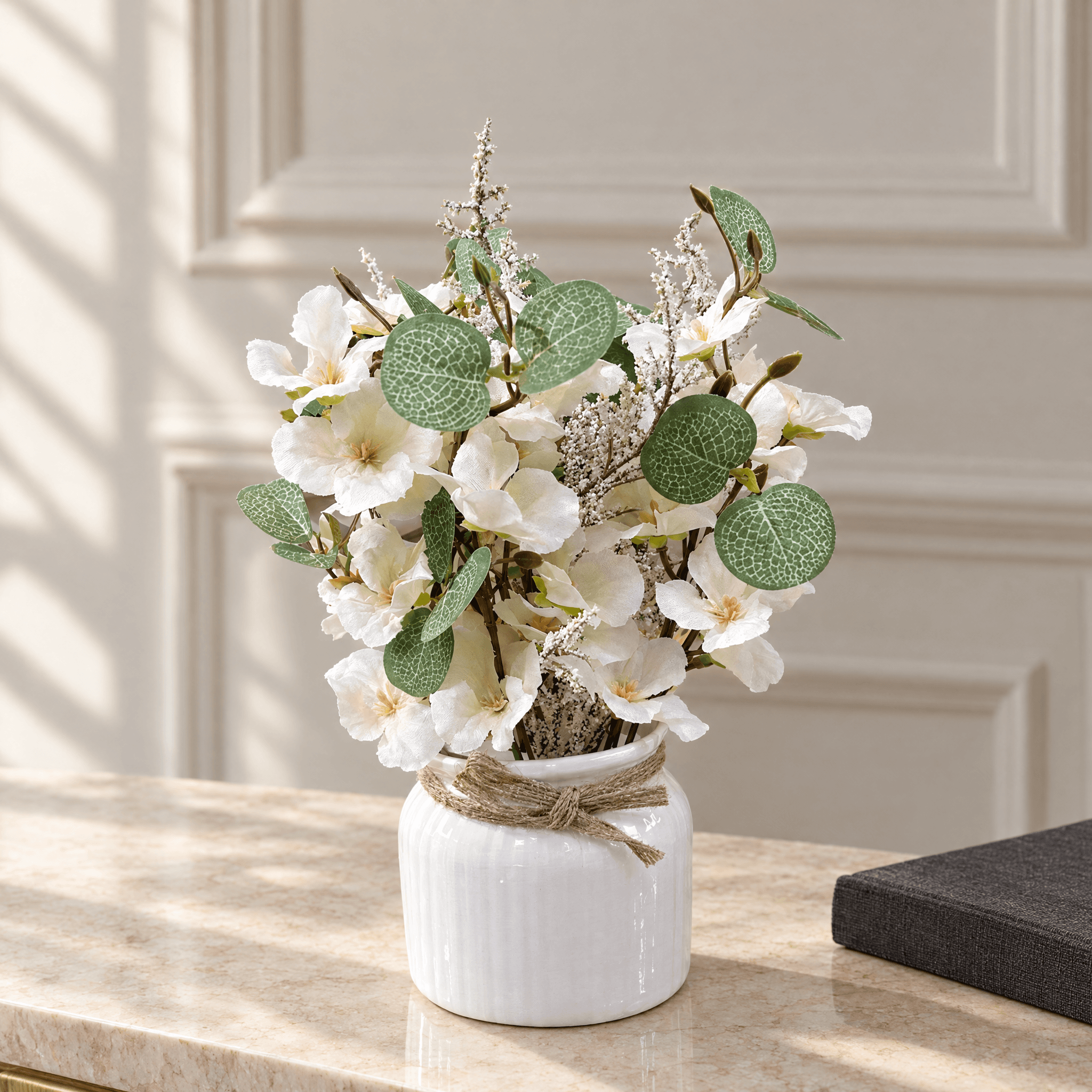 Ivory Floral Arrangement in White Jar Pot, view 1 of 3