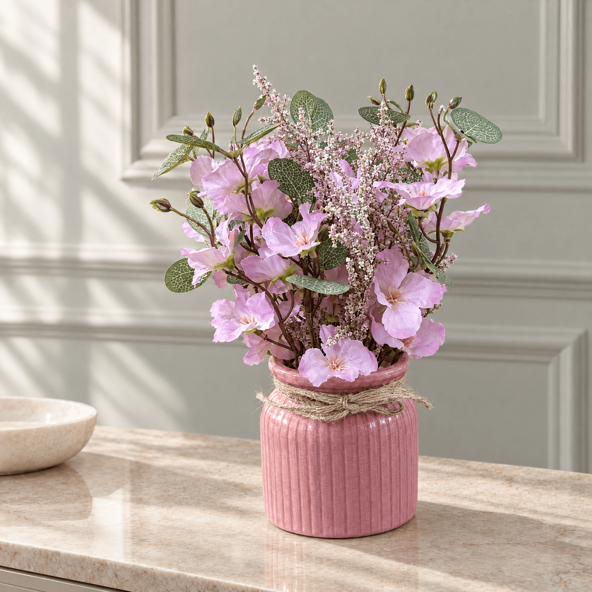 Lilac Floral Arrangement in Pink Jar Pot, view 1 of 3