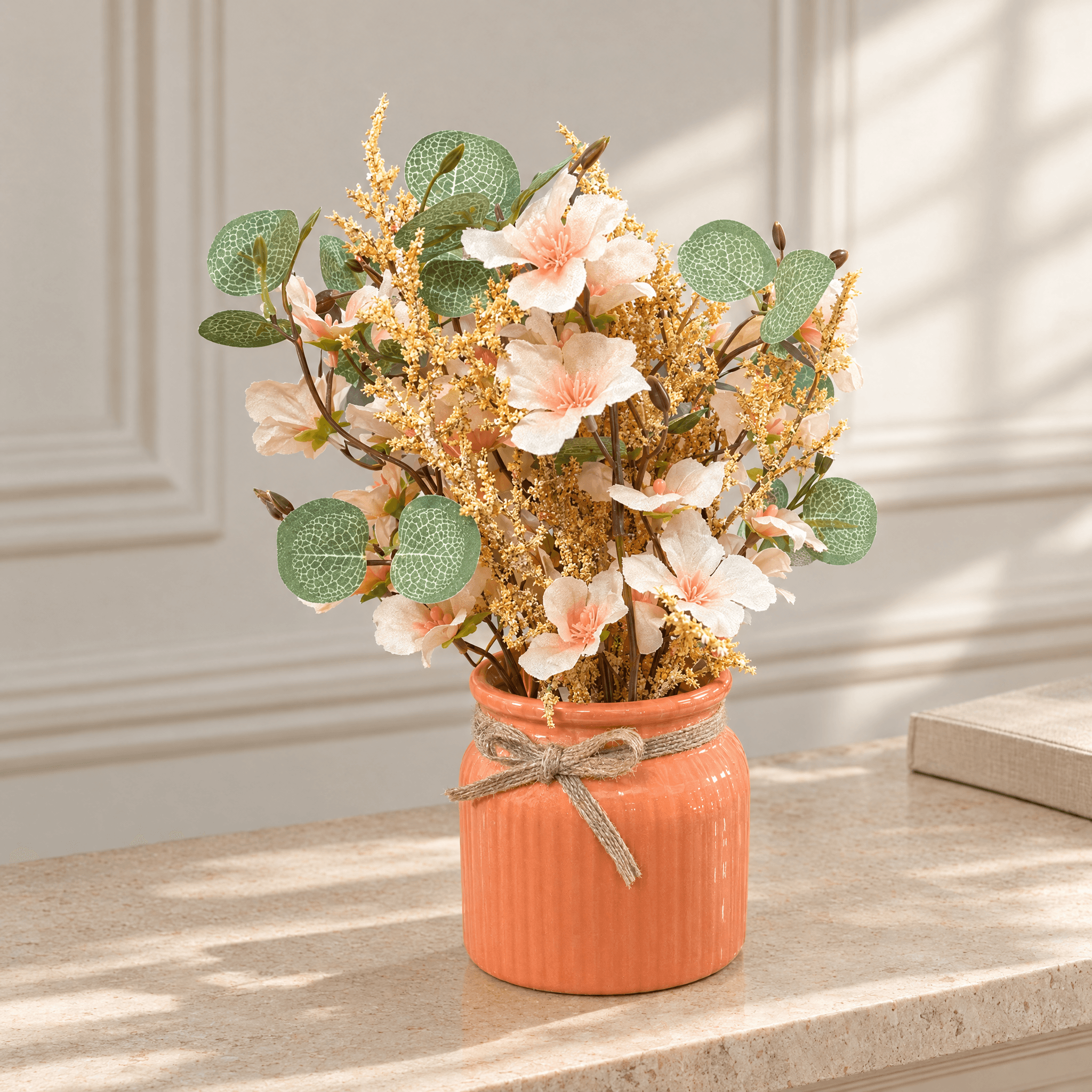 Peach Floral Arrangement in Terracotta Jar Pot, view 1 of 3