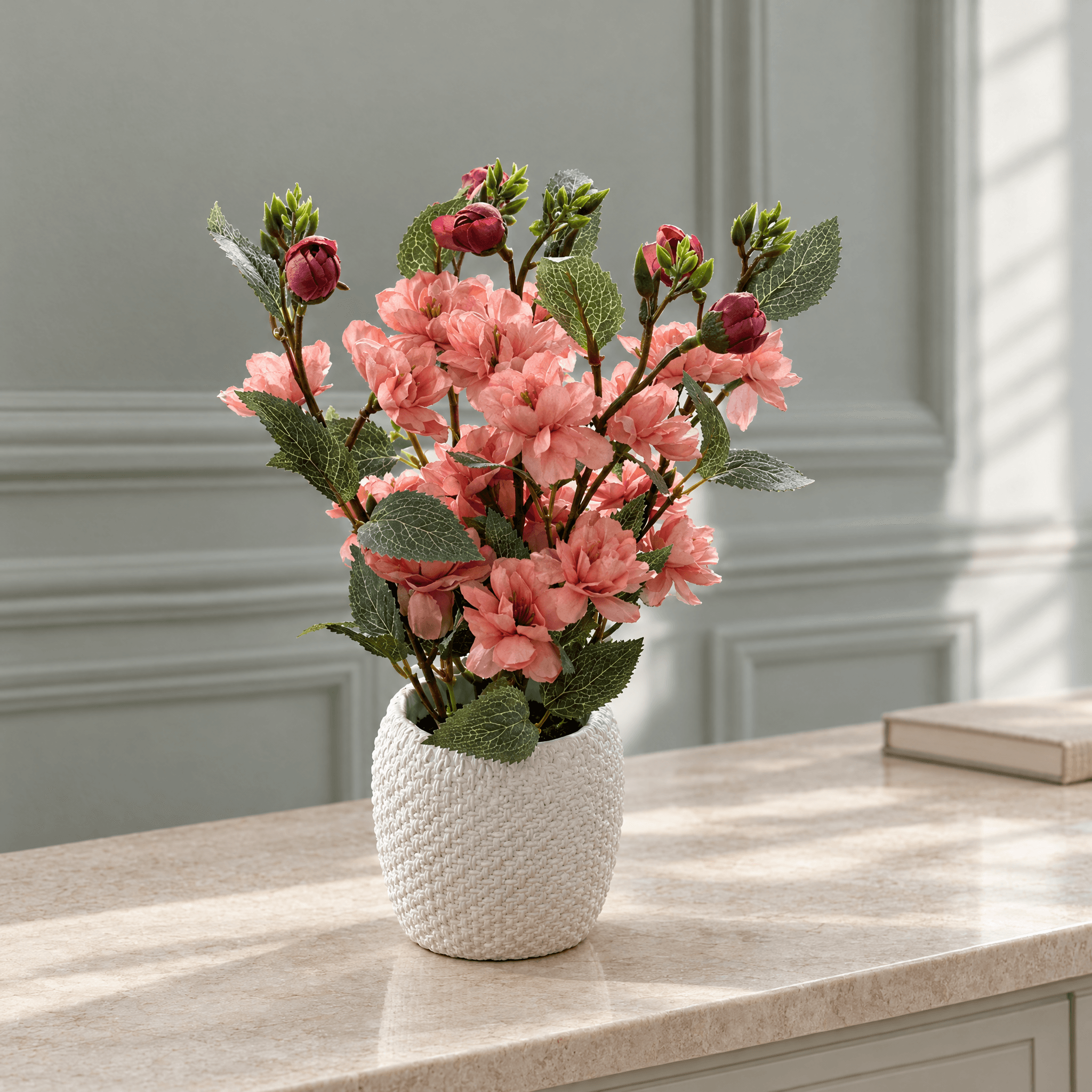 Dusty Coral Rose Arrangement in Textured White Pot, view 1 of 3
