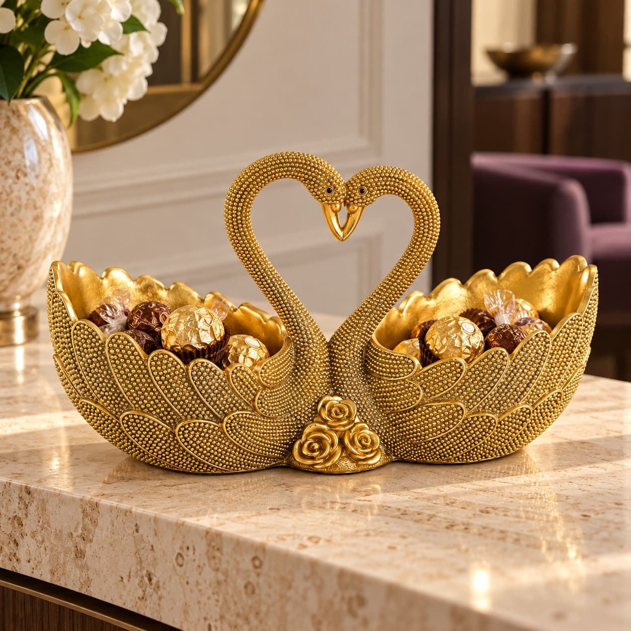 Golden Double Swan Decorative Bowl for Home Décor, view 1 of 4