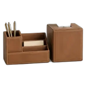 Tan faux leather desk organiser and tissue box