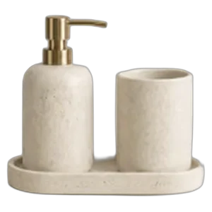 Stone finish soap dispenser and tumbler on a tray